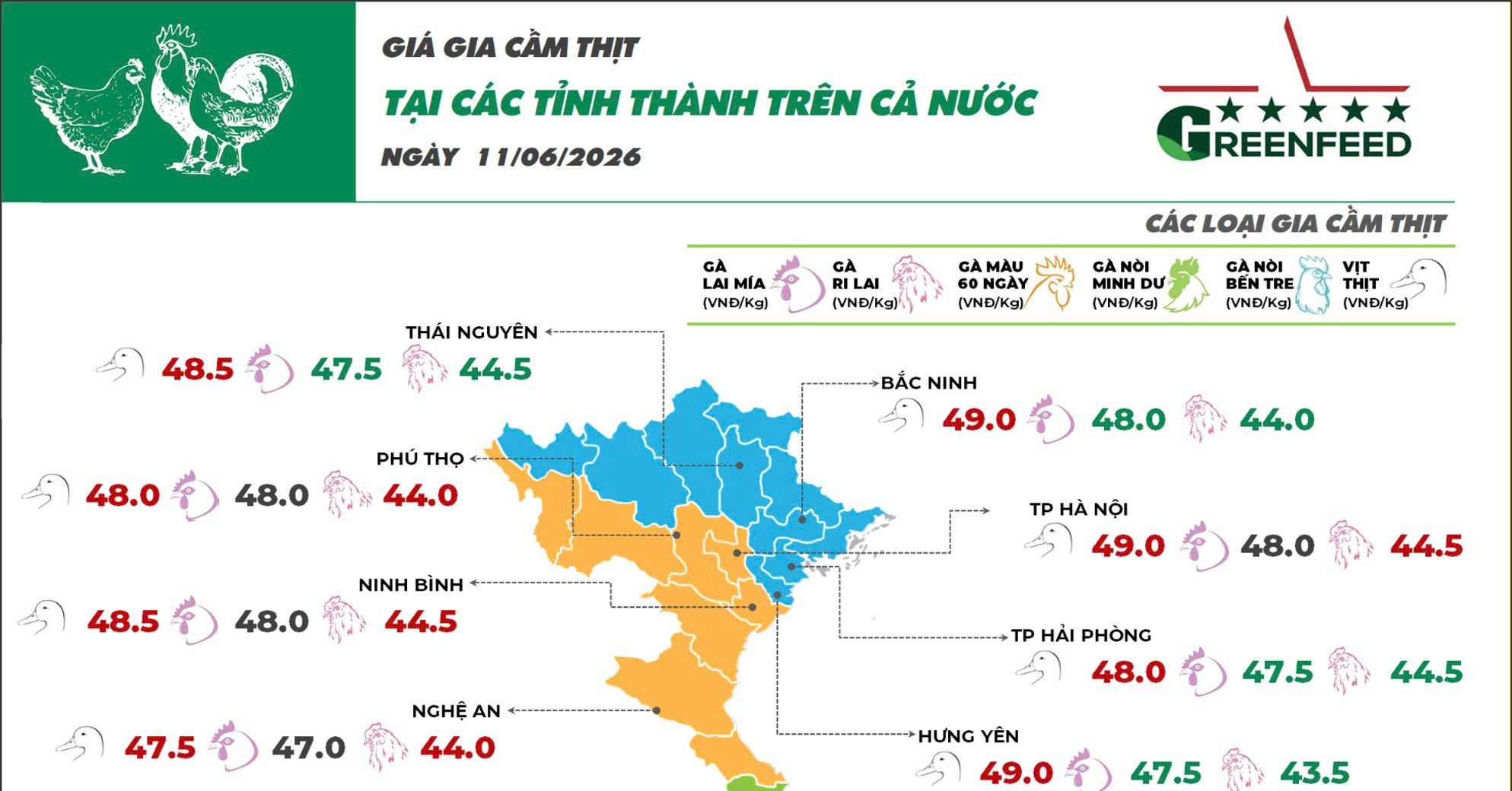 Ngày 11/06/2026 giá gia cầm ghi nhận chuyển biến trái chiều giữa các dòng sản phẩm